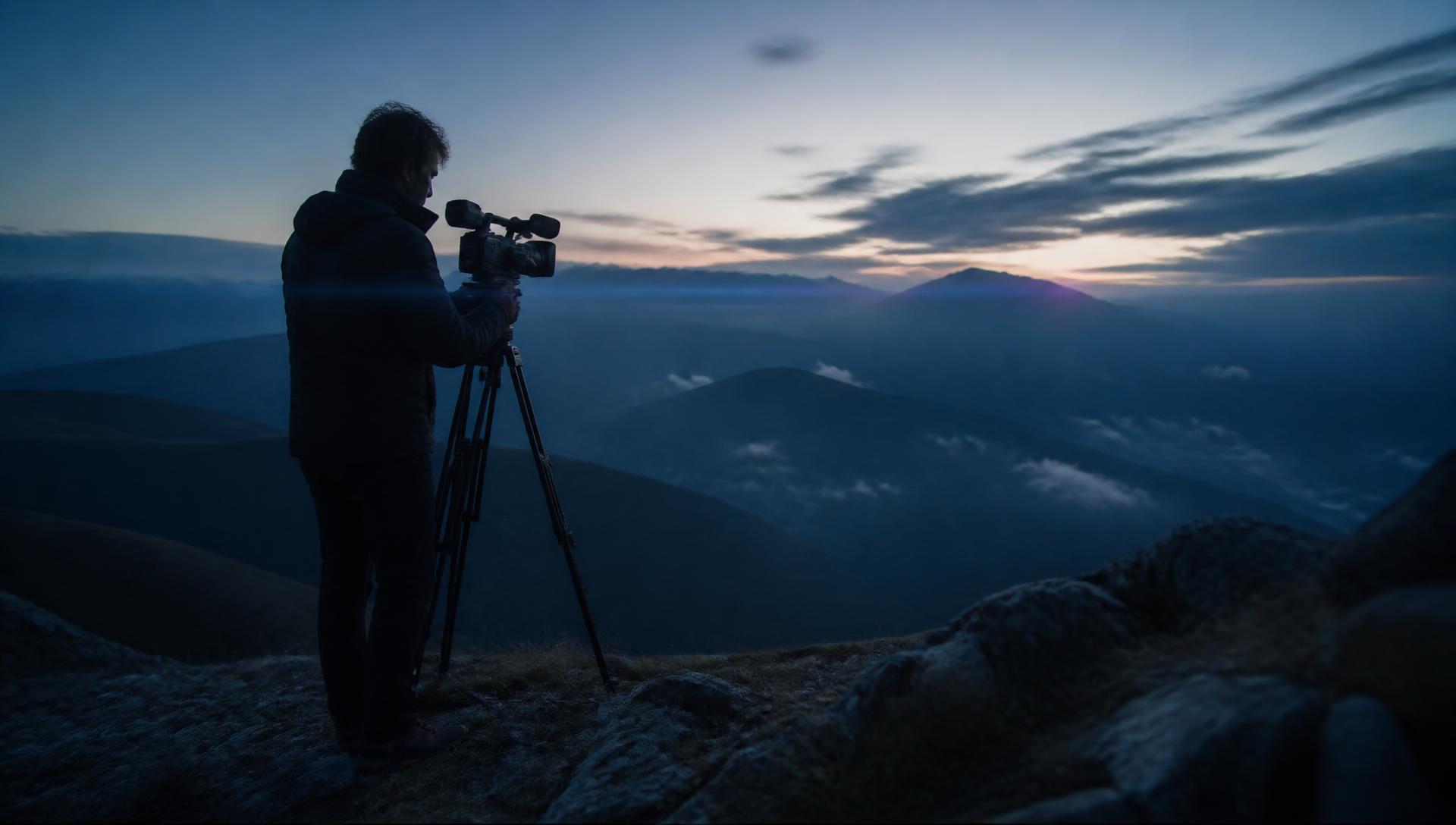A filmmaker framing a shot on a mountain ridge at dusk